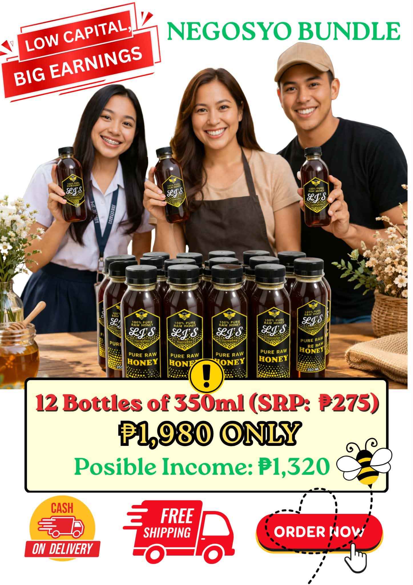 Negosyo Bundle: 12 bottles of 350ml LJ's pure raw honey, SRP 275 pesos each, 1,980 pesos only, possible income 1,320 pesos