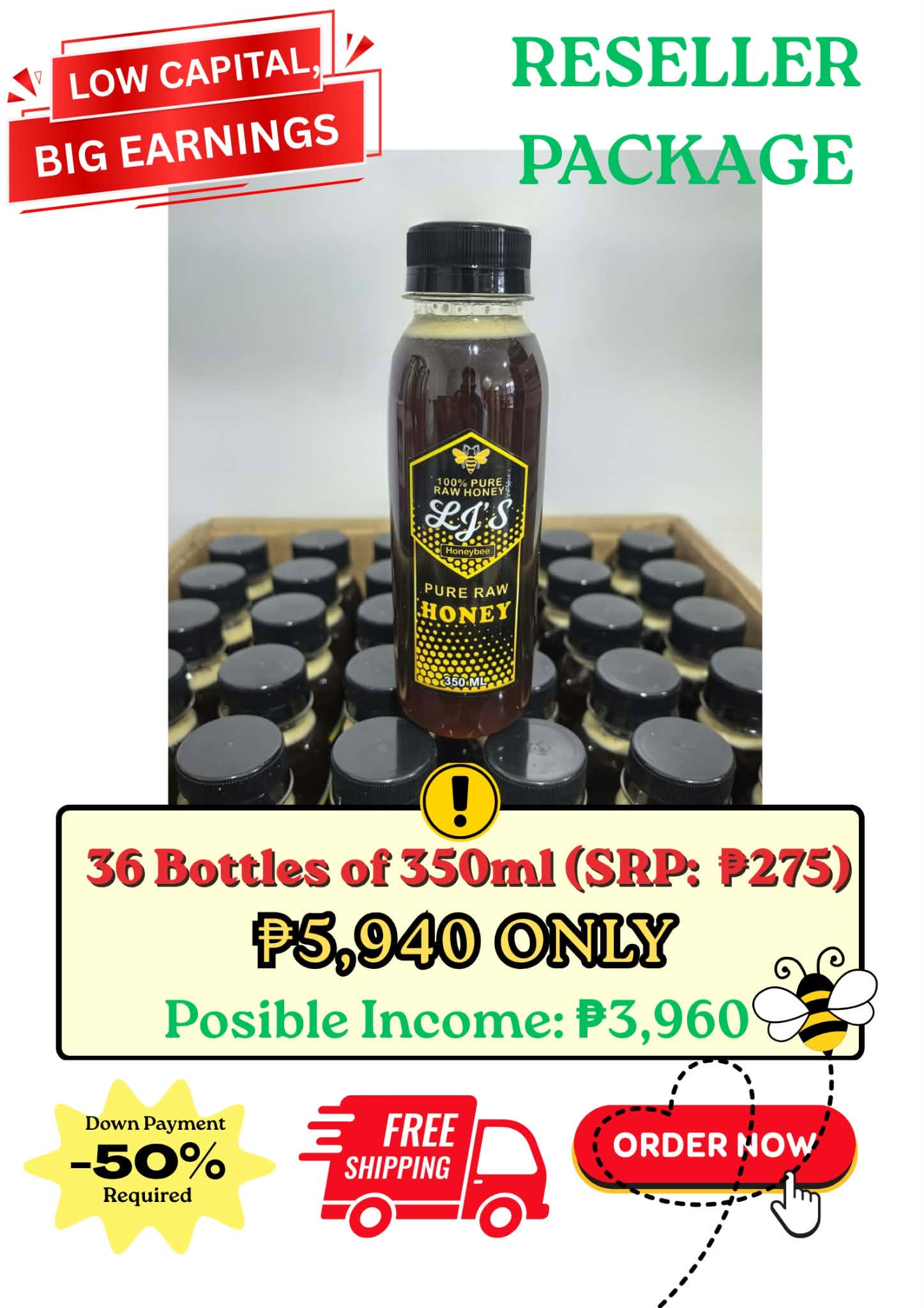 Reseller Package: 36 bottles of 350ml LJ's pure raw honey, SRP 275 pesos each, 5,940 pesos only, possible income 3,960 pesos, 50% down payment required